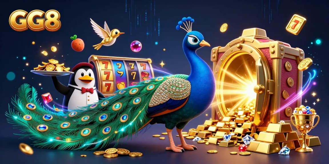 Engage with GG8 for thrilling casino gameplay illustrated by a vibrant peacock and a penguin serving golden chips.