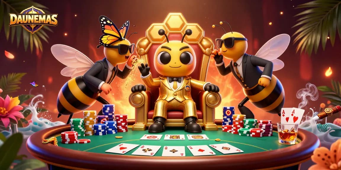 Experience thrilling gaming at DAUNEMAS with a vibrant poker scene illustrated in stunning 3D detail.