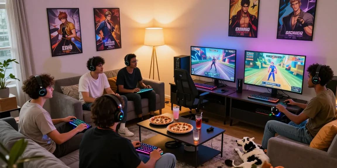 Exciting group of friends playing a gay ecchi game in a cozy living room with game setups and snacks.