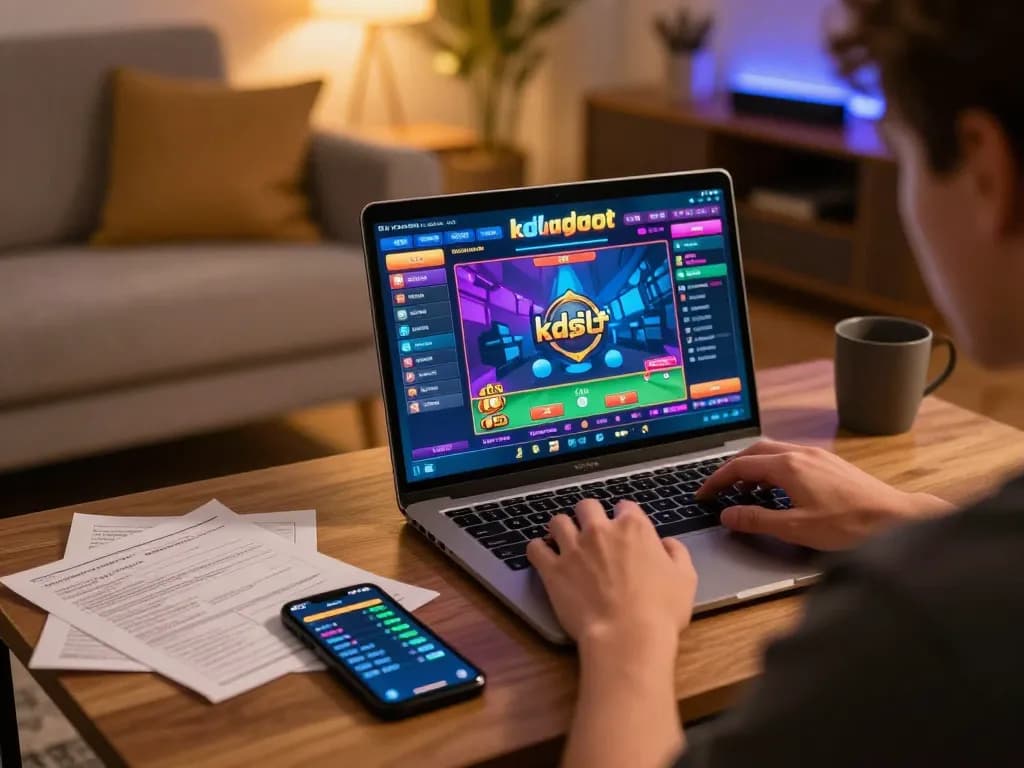 Player engaged with kdslot games on a laptop, showcasing responsible home gaming environment