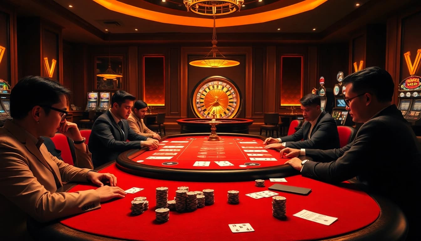 Engage in high-stakes poker at Nc88's luxurious casino tables, showcasing premium chips and expert players.