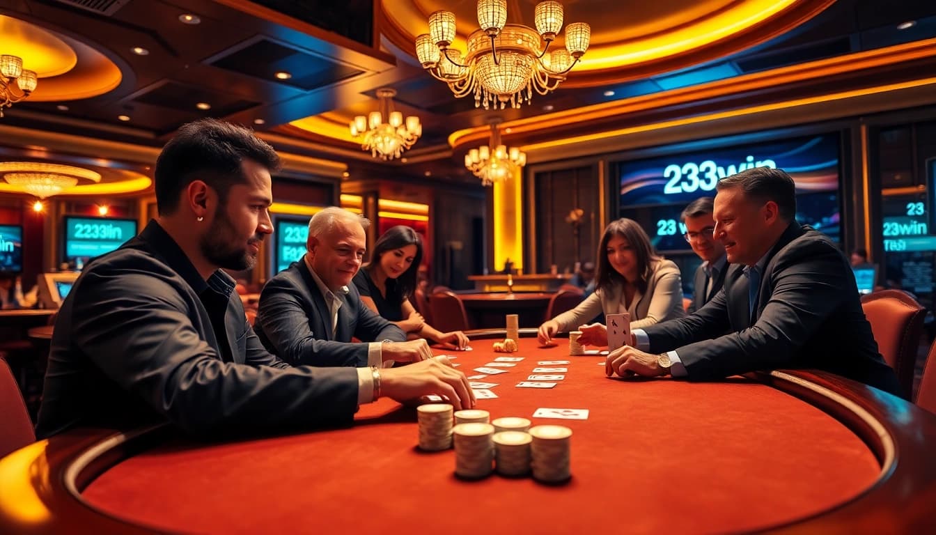 Engaged players enjoying a thrilling poker game at 23win's luxurious casino table.