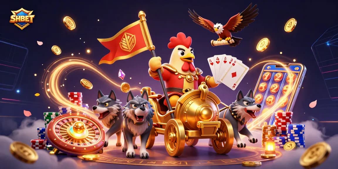 Experience thrilling excitement with SHBET's vibrant casino adventure illustration featuring dynamic characters and rich gaming elements.