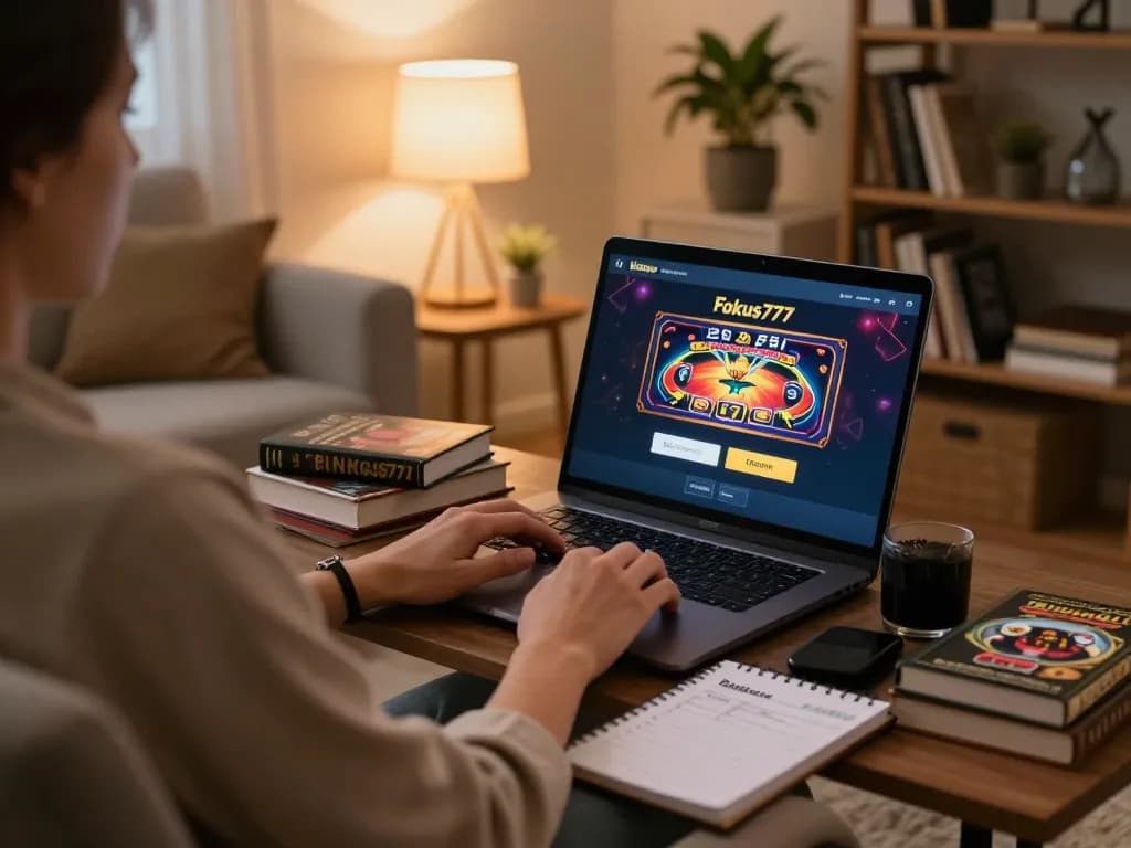 Engaging in online gaming with Fokus777 login, showcasing vibrant poker action on laptop at home