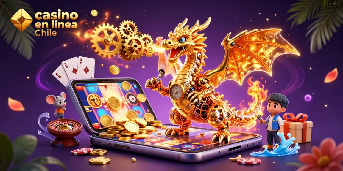 Disfruta de la mejor experiencia en casino en línea Chile con una ilustración de dragón dorado y tragamonedas.