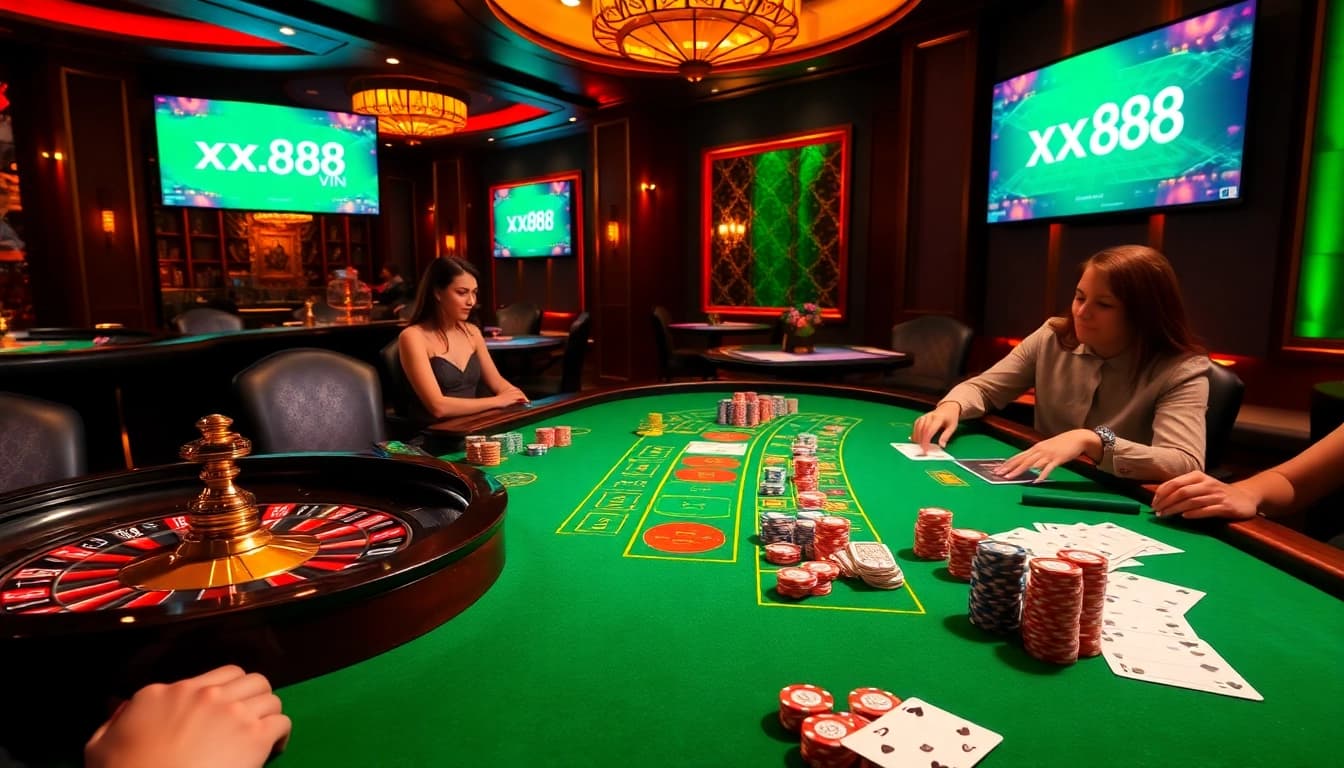 Experience thrilling gameplay at https://xx88.vin/ with a luxurious casino table, poker chips, and vibrant roulette.