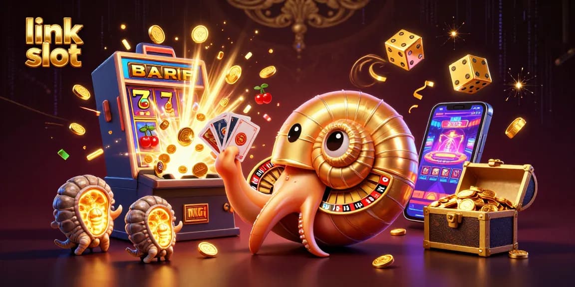 Menangkan peluang dengan link slot yang menarik, ditampilkan bersama simbol keberuntungan dan mesin slot berkilau.