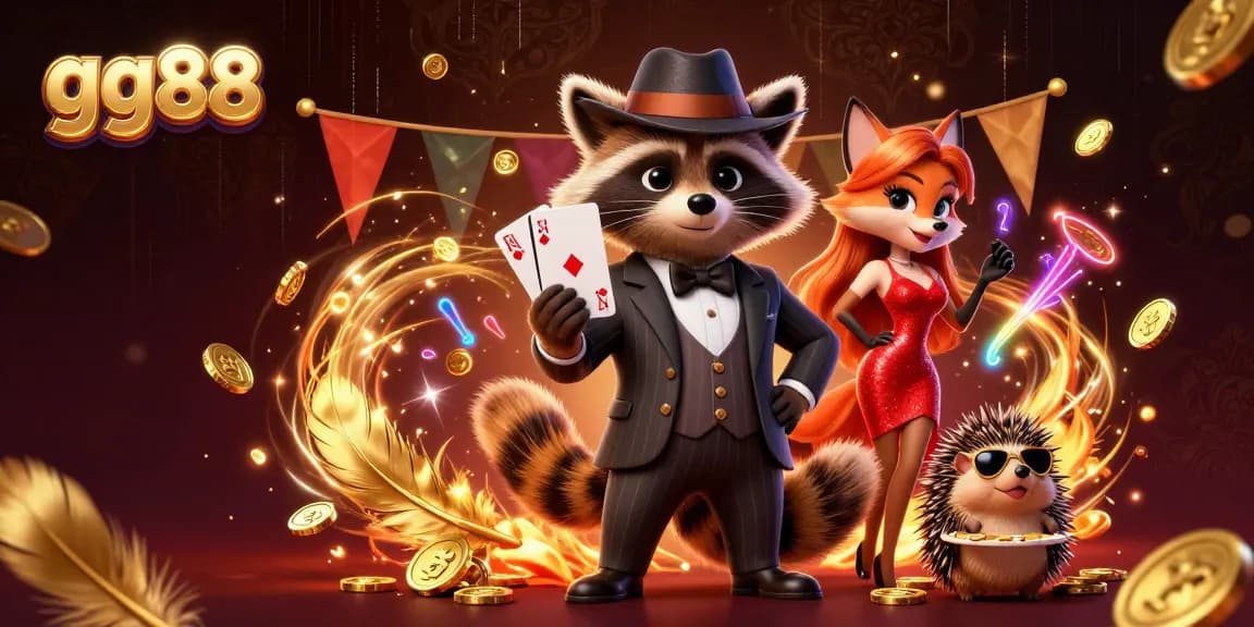 Play thrilling games at gg88 with a suave raccoon, stylish fox, and vigilant hedgehog in a vibrant casino scene.