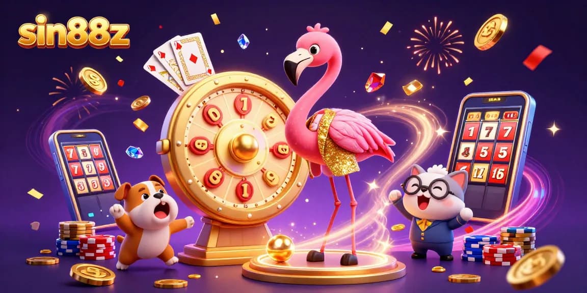 Experience thrilling wins with sin88z: 3D casino illustration showcasing lively game elements.