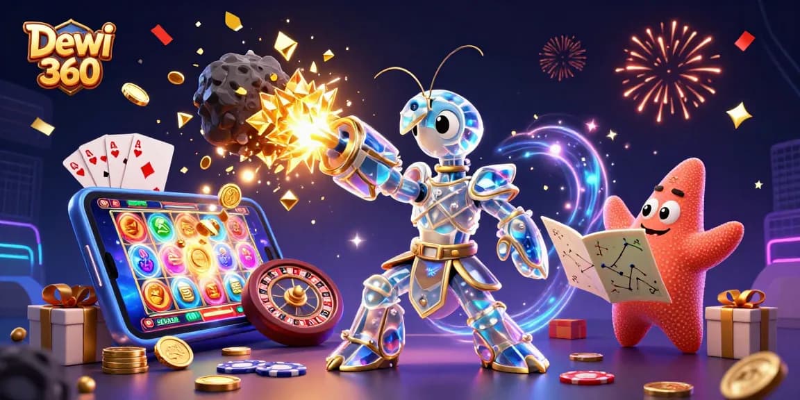 Dewi 360 mempersembahkan ilustrasi permainan slot yang menarik dengan karakter unik dalam nuansa keceriaan.