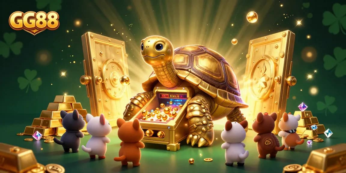 Win big with GG88 in this vibrant 3D casino scene featuring a colossal golden tortoise and treasure elements.