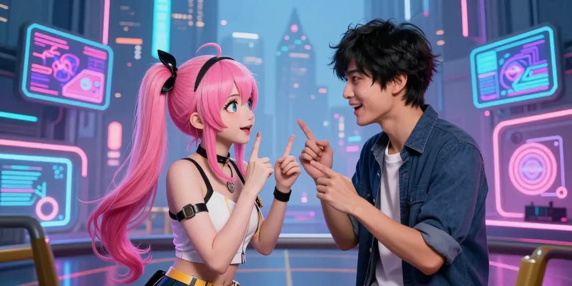 Engaging scene featuring a vibrant avatar and hentai AI companion in an animated cyberpunk gaming landscape.