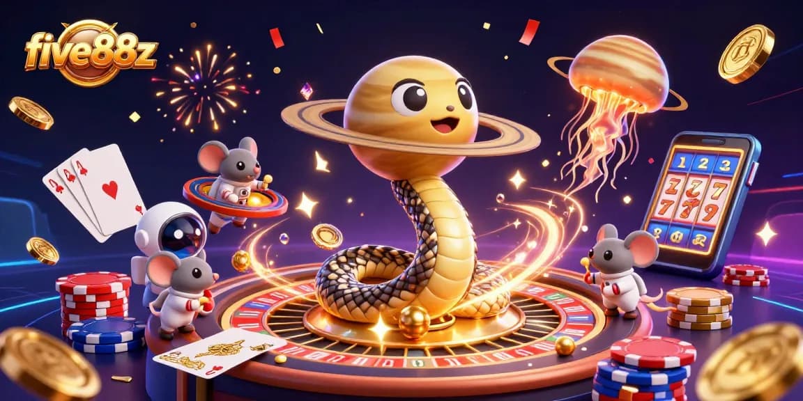 Place bets on five88z's cosmic roulette with vibrant astronaut mice wagering in this animated casino scene.
