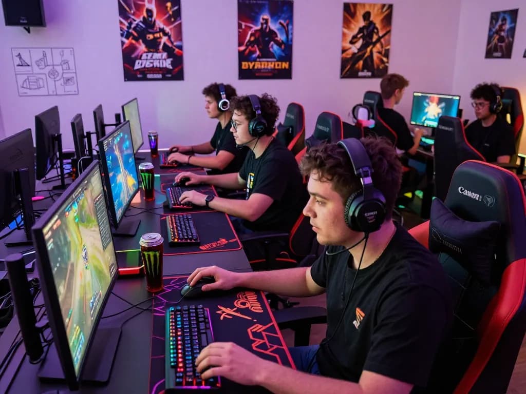 Gamers immersed in action with sunwin20 displayed on multiple screens, showcasing competitive gaming environment