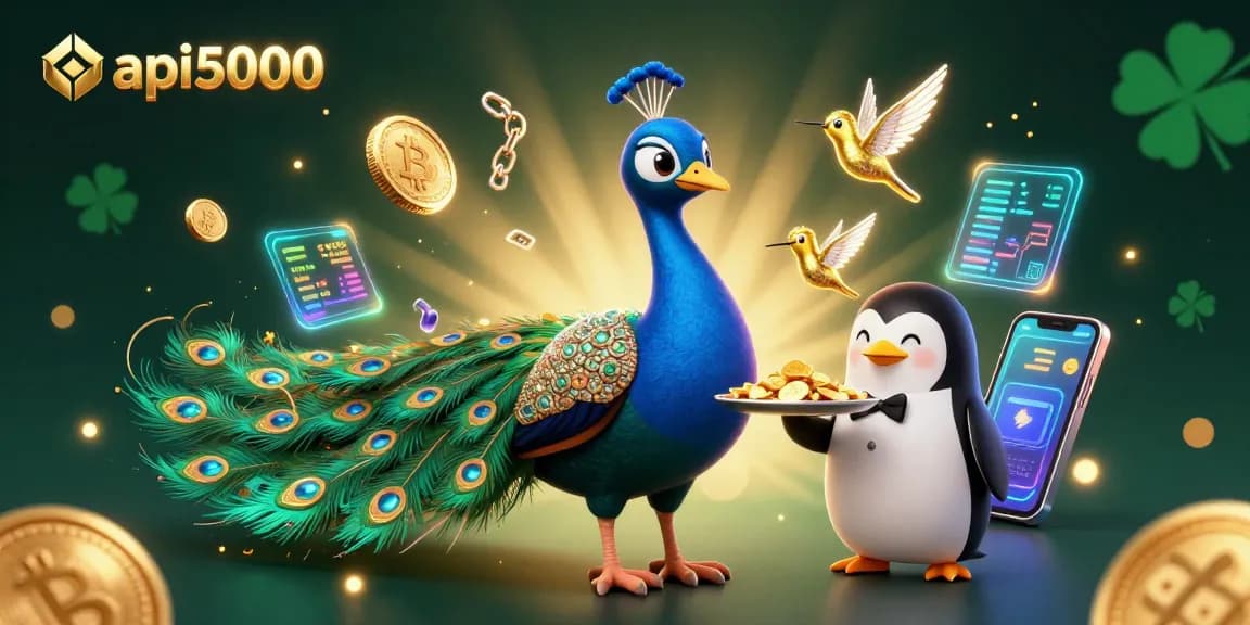 Memenangkan permainan api5000 dengan simbol slot, karakter 3D, dan uang kripto yang bersinar.