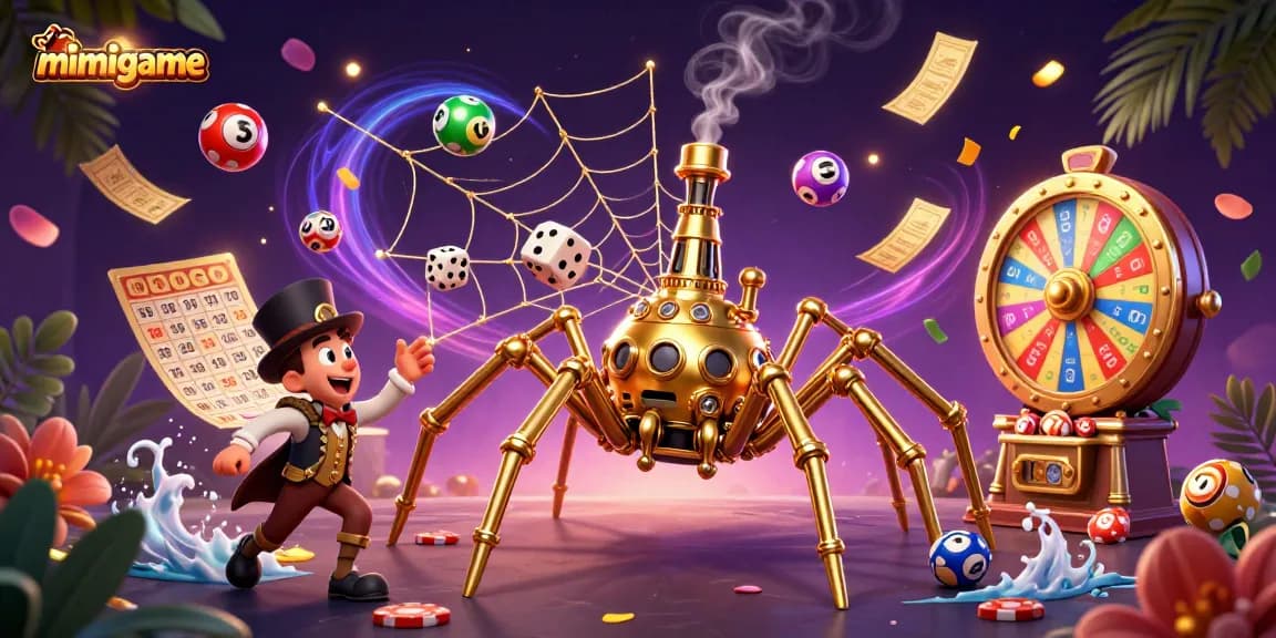 Play exciting games on mimigame with a vibrant 3D illustration of a steampunk spider capturing dice.