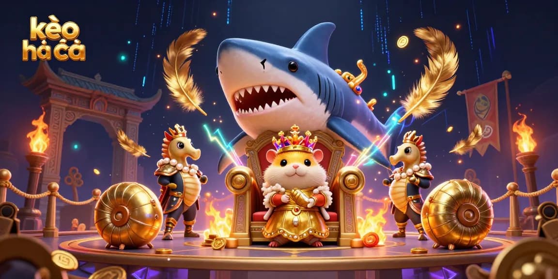 Engage with kèo nhà cái through a vibrant 3D rendering featuring a fierce hamster king and royal seahorse guards.