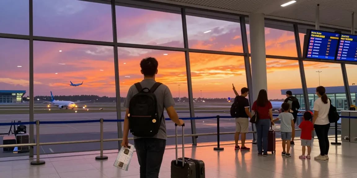 Traveler entering the airport for flight AA 88 at sunset with vibrant colors.