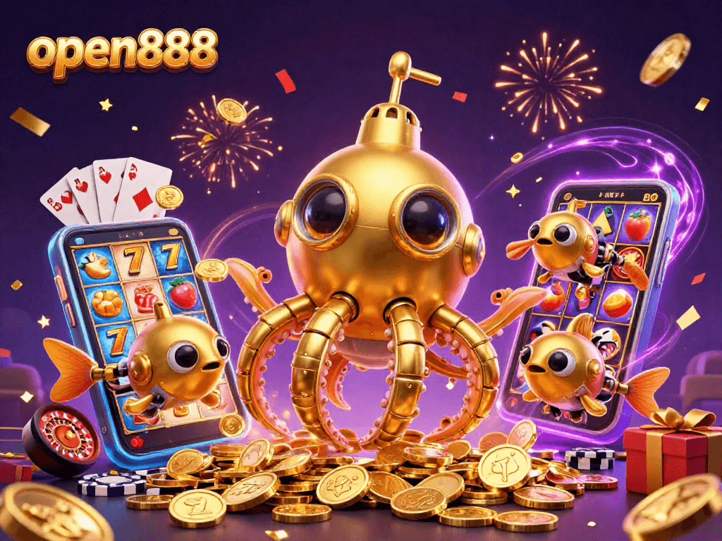Experience thrilling wins at open888 with an ultra-detailed scene of a golden kraken and vibrant casino elements.