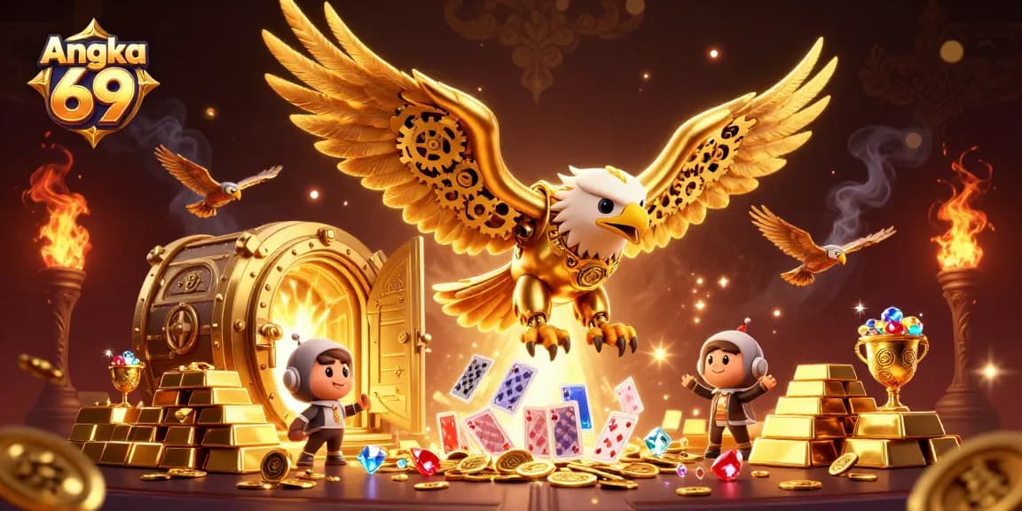 Engage with Angka 69 high-stakes gameplay while a cybernetic golden eagle soars through a wealth of treasures.