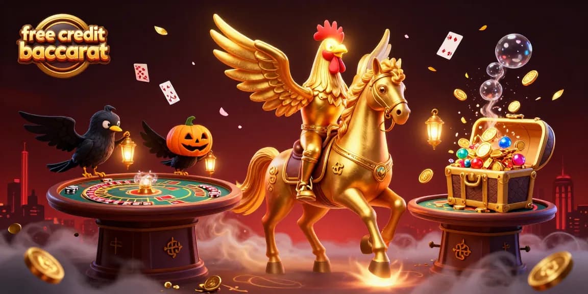Experience free credit baccarat in an enchanting casino scene filled with golden treasures and vibrant elements.