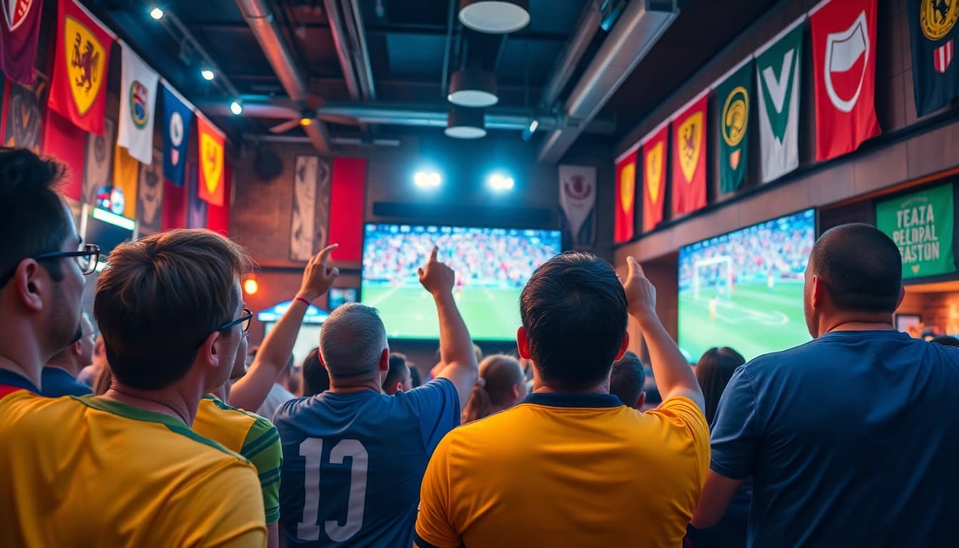 Xoilac TV live football match with excited fans in a vibrant sports bar.