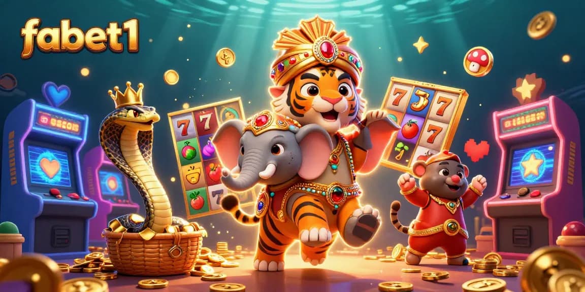 Experience fabet1 with vibrant slot reels, a majestic tiger, and whimsical game elements!