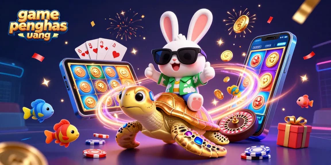Gambar game online penghasil uang dengan karakter kelinci beruntung dan penyu emas, merayakan kemenangan.