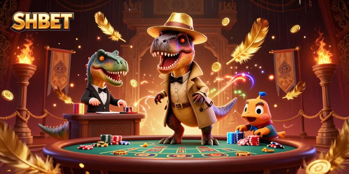 SHBET card counter velociraptor at blackjack with gold coins and a pit boss in a dynamic casino scene