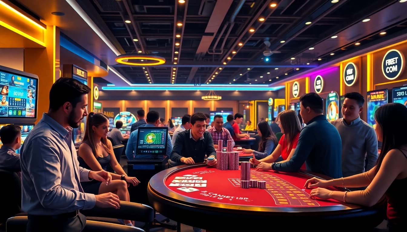 Experience dynamic online gaming at F8BET COM, showcasing diverse players and exciting game interfaces.