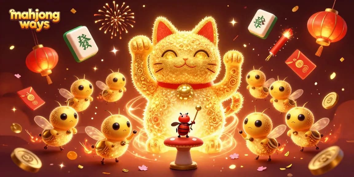 Experience mahjong ways with this vibrant 3D illustration of a lucky cat and casino elements.