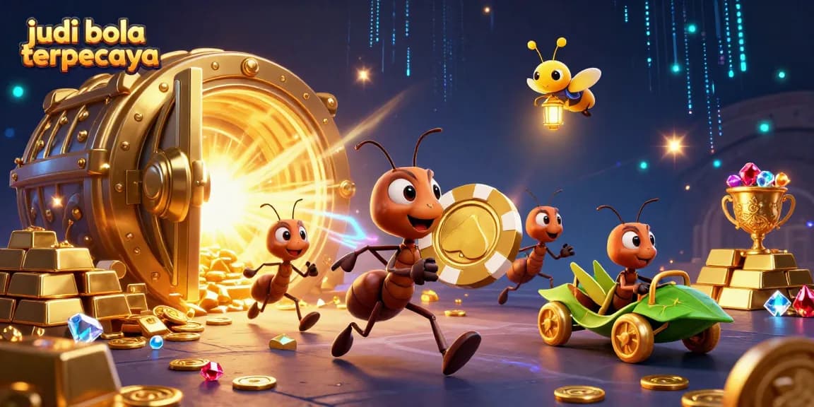 Experience judi bola terpercaya with energized ants heisting a giant poker chip, glowing treasures surrounding them.