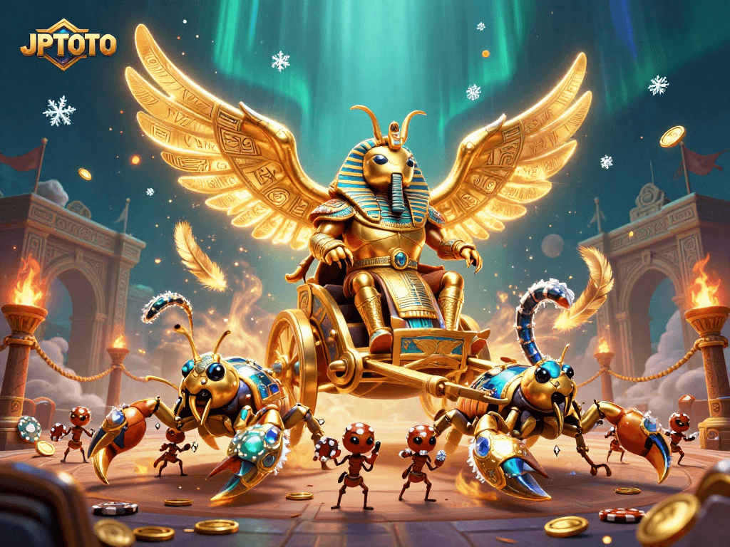 Experience vibrant gameplay with JPTOTO's epic casino elements featuring a colossal scarab beetle and fortune tokens.