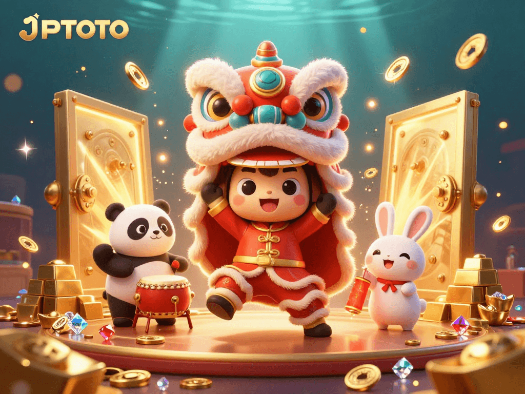 Experience thrilling wins at JPTOTO with a vibrant 3D casino illustration showcasing festive elements.