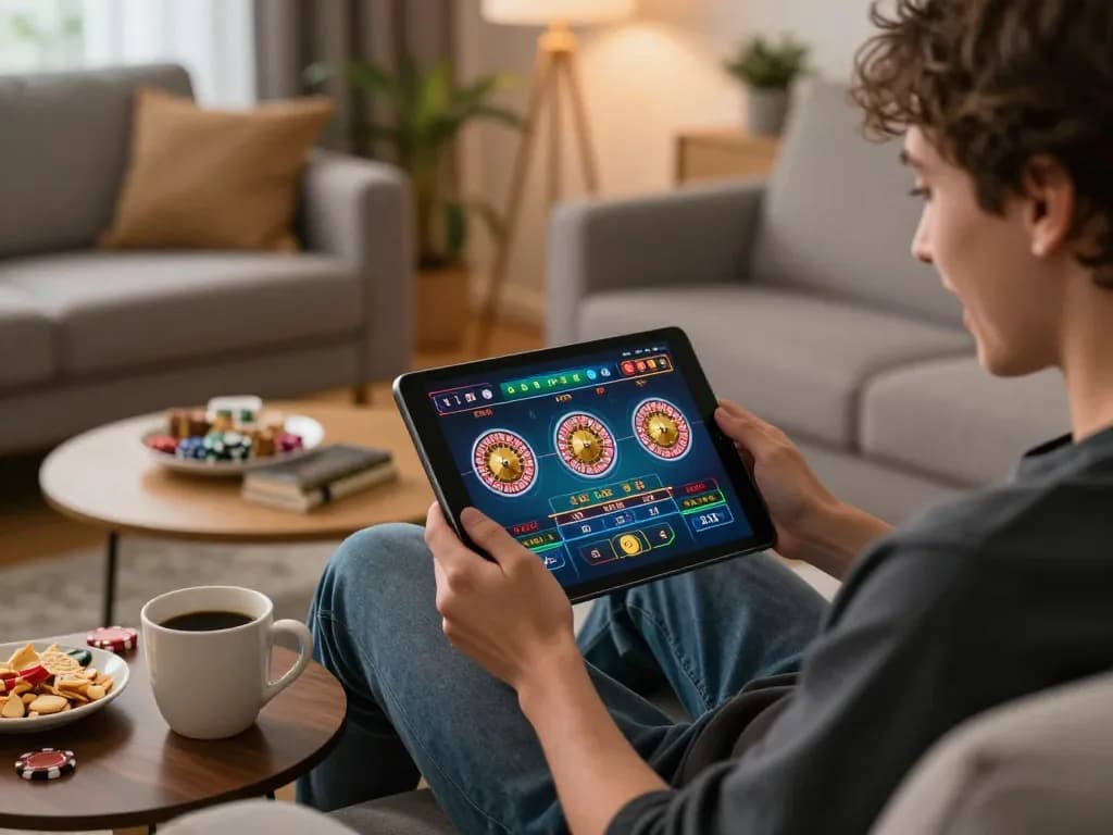 Engaged player enjoying live roulette in Nhà Cái RR88 on a tablet while relaxing at home.
