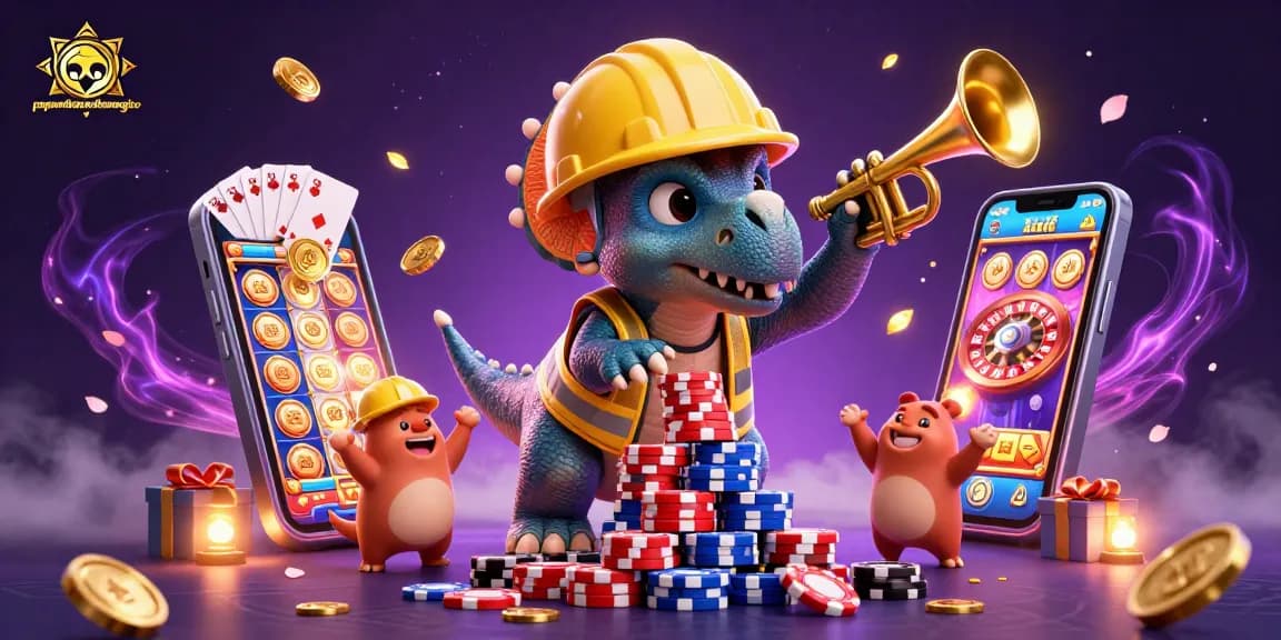 Permainan slot seru di papantlapueblomagico menampilkan dinosaur bersenjatakan poker chips dengan semangat dan kegembiraan.