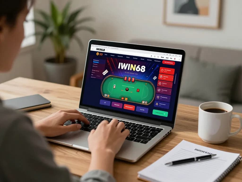IWIN68 player engaging in online poker strategy from a cozy home office setup