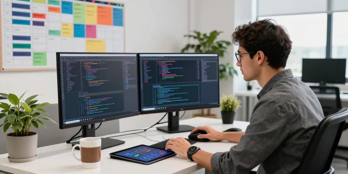 Ruang kerja kreatif untuk pengembang perangkat lunak dengan monitor kode dan suasana yang penuh semangat, halte4d di meja modern.