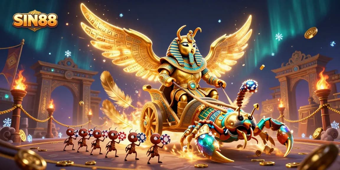 SIN88 offers thrilling gameplay with a colossal beetle and scorpions in a vibrant casino setting.