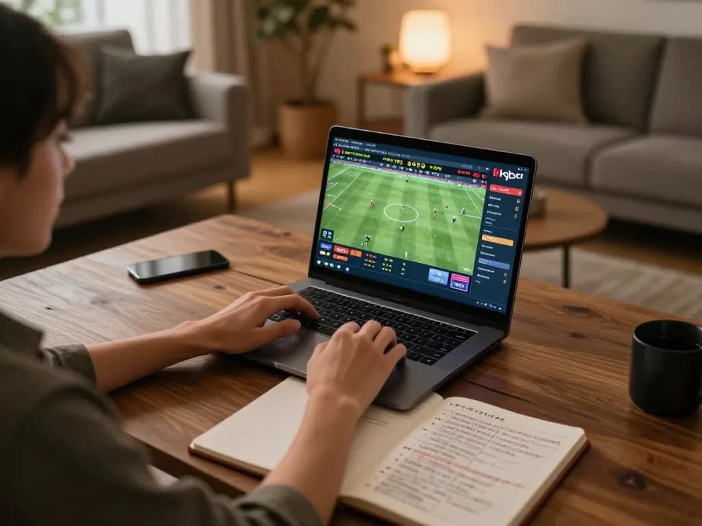 Engaging sports betting scene with kqbd displayed on the laptop, showcasing strategic gameplay atmosphere