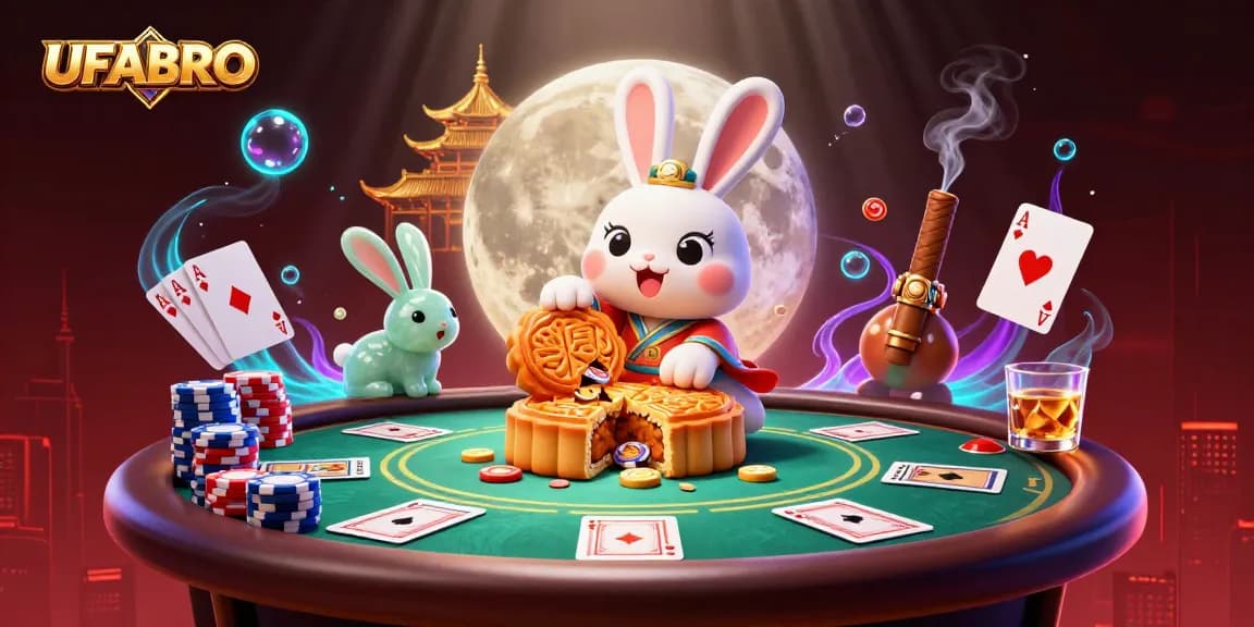 Experience UFABRO's dynamic casino world with a moon rabbit unlocking poker riches and vibrant game elements.