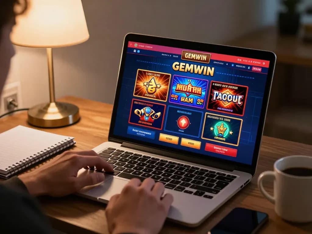 Engaging online gaming session at GEMWIN, showcasing dynamic gameplay on a laptop amidst a cozy environment.