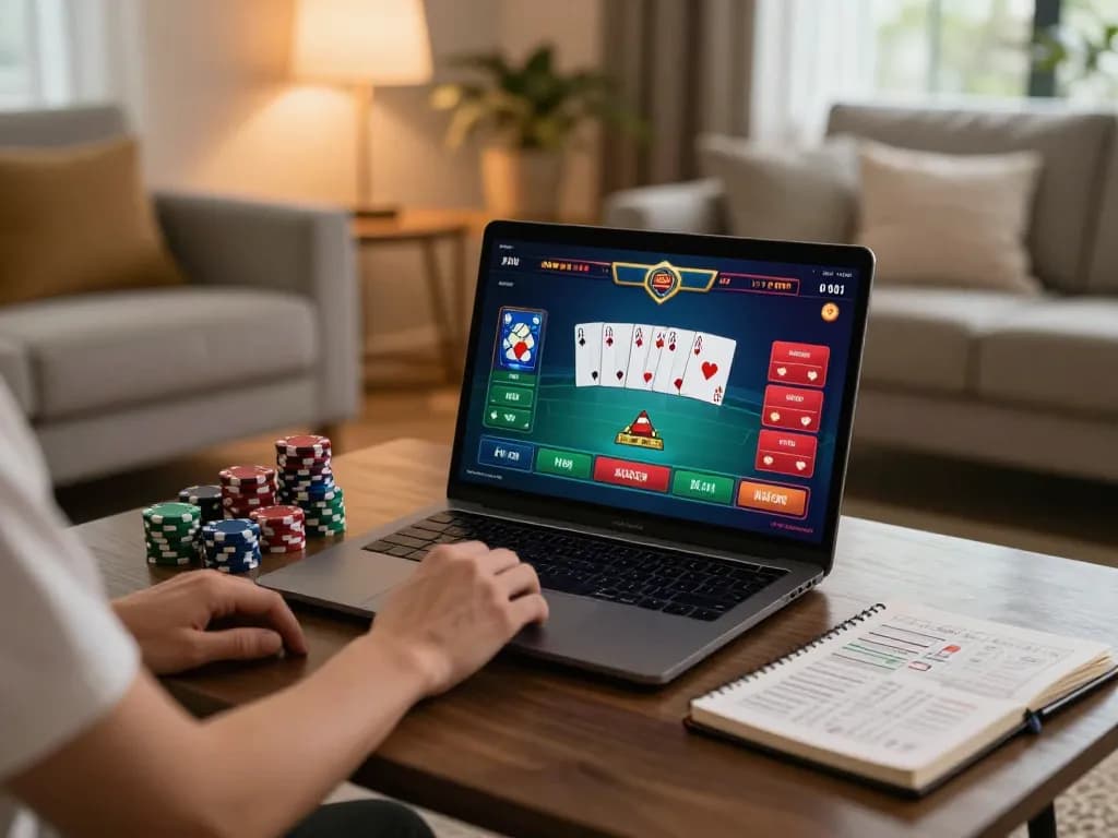 Enjoying an exhilarating poker game on the trang chủ shbet with a cozy gaming setup at home, highlighting strategy and engagement