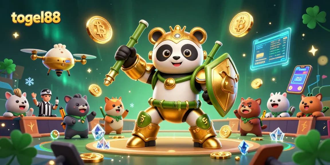 Experience immersive gaming with togel88 featuring a golden mech panda and neon crypto elements.