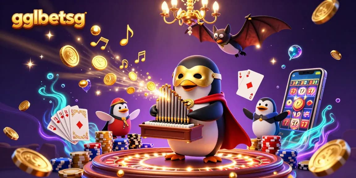 gglbetsg features a lively 3D scene with a whimsical penguin playing an organ that spews golden coins, surrounded by casino elements.