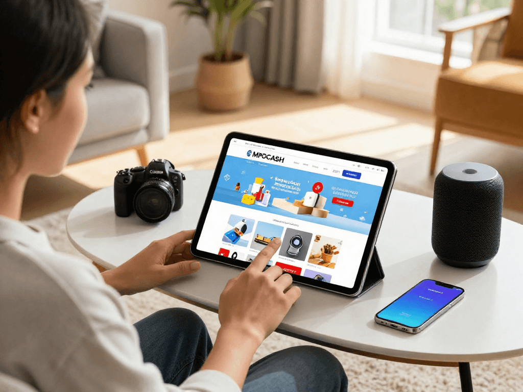 Customer engaging with mpocash.blog on a tablet in a cozy living room