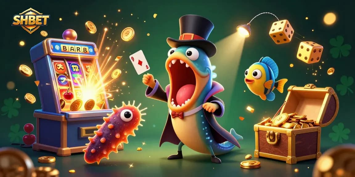 Experience SHBET's extravagant casino features with vibrant characters in a dazzling 3D scene.