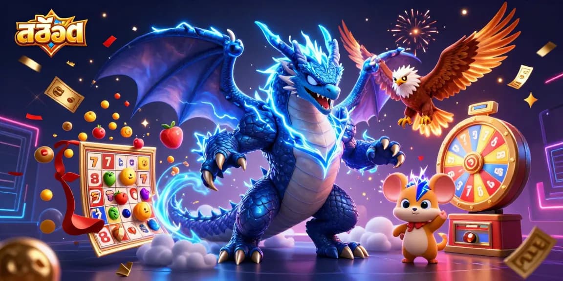 Experience dynamic สล็อต action with a powerful thunder dragon, slot reels, and vibrant game elements.