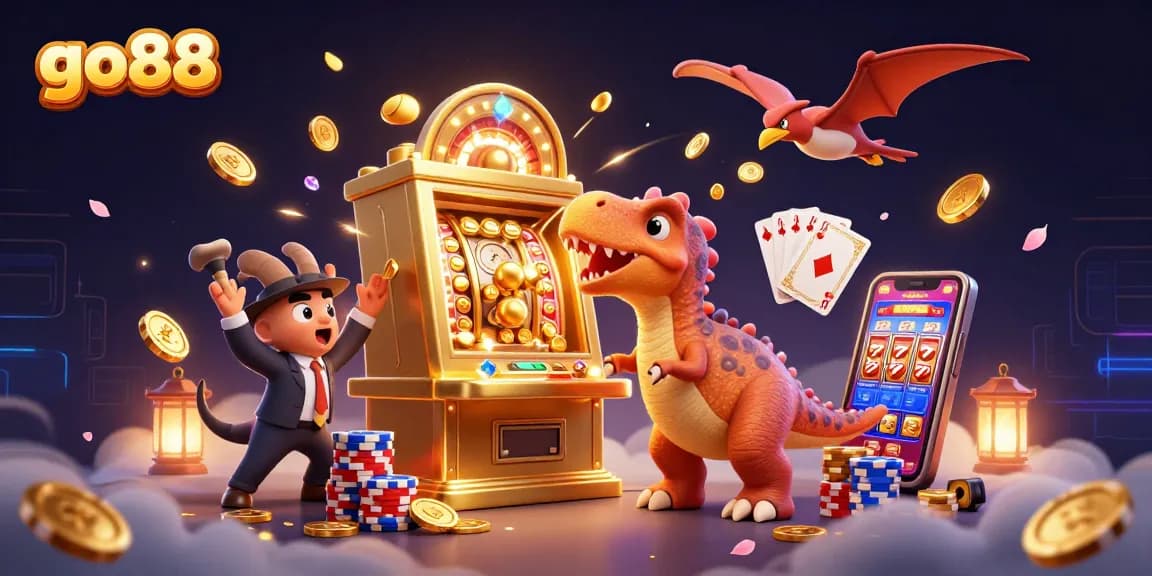 Go88's exciting jackpot moment illustrated with a pachycephalosaurus celebrating at a golden slot machine, capturing thrilling casino action.