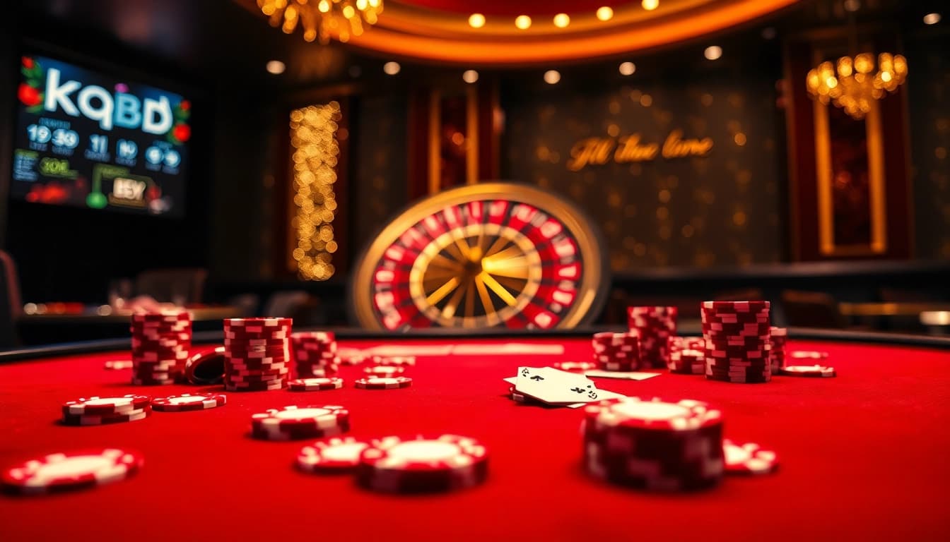 KQBD showcases an exciting casino scene with vibrant poker chips and a roulette wheel, perfect for gambling enthusiasts.